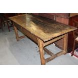 18th century elm plank top refectory / kitchen table, side drawer,