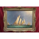 James Hardy, 20th century oil on canvas laid on board - racing yachts off the coast, signed,