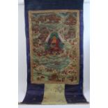 Early 20th century Tibetan thanka with central Buddha and attendant figures, 90cm x 54cm,