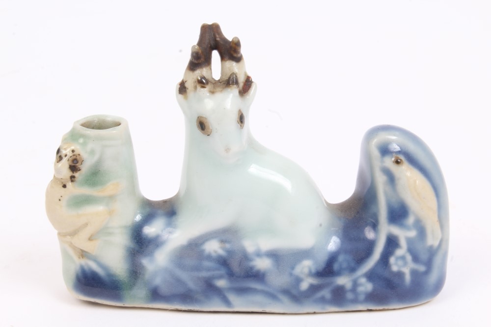 Antique Chinese porcelain incense holder decorated with a stag, bird and monkey,