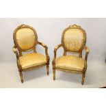 Pair of late 19th / early 20th century French carved giltwood fauteuils,