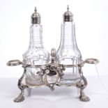 Late George II silver two-bottle cruet, the stand with figure-of-eight base,