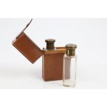 Edwardian leather cased travelling scent with twin brass-capped square glass bottles in fine brown