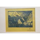 Frank Brangwyn (1867 - 1956), woodcut - 'Alms-Houses, Dixmude, Belgium', in glazed frame,