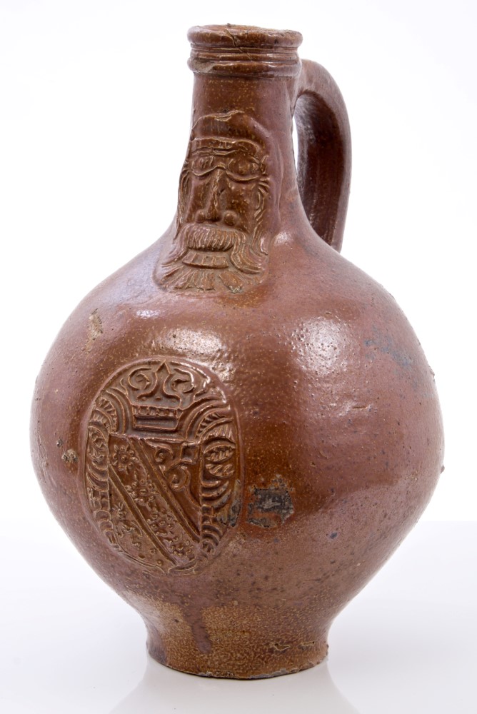 17th century Rhenish stoneware Bellarmine bottle with brown mottled glaze, string neck,