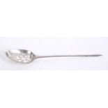 Mid-18th century fancy-back mote spoon with pierced scroll bowl and shell heel, 13.