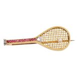 Early 20th century diamond, ruby and pearl novelty brooch in the form of a tennis racket,