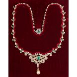 Early 20th century Anglo-Indian diamond emerald and pearl necklace, centred with a pear cut emerald,