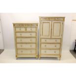 Decorative early 20th century cream painted and gilt heightened chest and ensuite tallboy by Maple