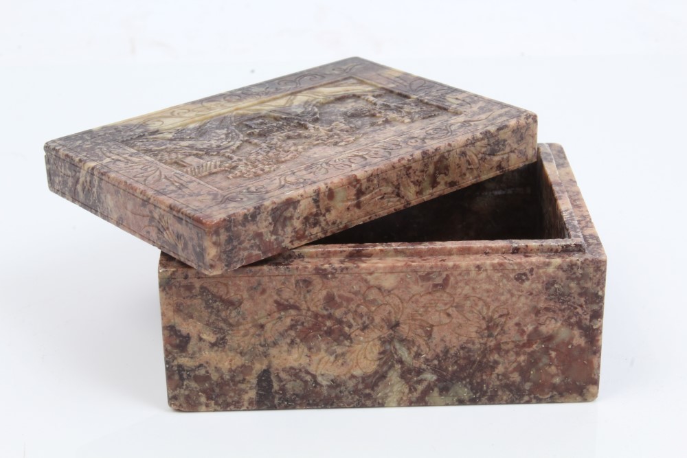 19th century Chinese soapstone box and cover with carved buildings in landscape decoration, 8. - Image 3 of 7