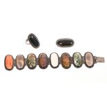 19th century Scottish agate panel bracelet with eight oval polished cabochon agates in white metal