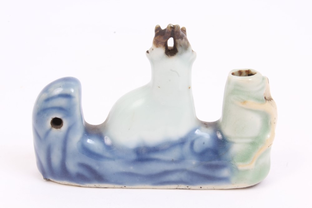 Antique Chinese porcelain incense holder decorated with a stag, bird and monkey, - Image 2 of 3