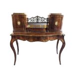 Victorian walnut bonheur de jour with two raised stationery cabinets with ormolu mounted porcelain