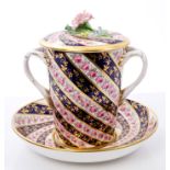 Lynton Derby porcelain chocolate cup, cover and stand with flower-head knop,