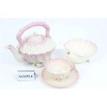 Belleek porcelain shell-shaped pink lustre teaware - comprising teapot and cover,