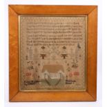 Fanny Mackley: Early Victorian needlework sampler - with religious verse above depiction of school