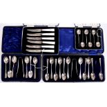 Set of six Victorian silver teaspoons and matching sugar tongs with bamboo patterned stems,
