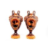 Pair 19th century French Choisy Le Roi vases with gilt and brown scroll handles,