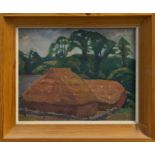 Hubert Lindsay Wellington (1879 - 1967), oil on board - The Hay Stacks, framed, 21cm x 25.5cm.