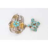 Victorian forget-me-not brooch of floral design, with pendant drop and set with turquoise cabochons,