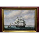 James Hardy, 20th century oil on canvas laid on board - an American ship off the coast, signed,