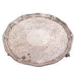George III silver card tray of hexagonal form, with chased and engraved floral decoration,