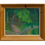 Hubert Lindsay Wellington (1879 - 1967), oil on board - The Woodland Path, framed, 21cm x 26cm.