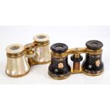 Pair Victorian gilt metal and tortoiseshell opera glasses with gold and mother of pearl piqué work