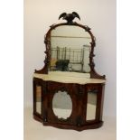 Victorian burr walnut marble topped chiffonier, the arched mirrored back with carved eagle surmount,