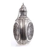 Unusual early 20th century 'Dimple' bottle in a silver case with engraved and pierced arabesque