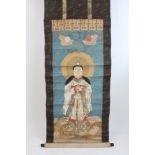 Antique Chinese ancestor painting laid down on to fabric lined scroll, image 86cm x 49cm,