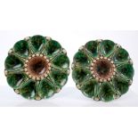 Pair Victorian Minton Majolica oyster plates with moulded shell decoration and green and turquoise