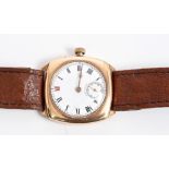 1930s gentlemen's gold (9ct) Longines wristwatch in cushion-shaped case (hallmarked 1935),