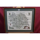 17th century hand-coloured Blaeu engraved map - Yorkshire, in double-sided glazed frame, 42.