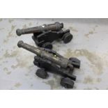Pair decorative 17th century-style cast metal cannons with ringed decoration and cast Royal arms on