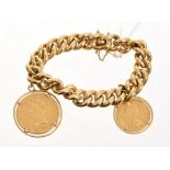 Gold bracelet with large polished curb links and suspending two coins - 1882 American Ten Dollars