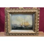 Late 19th century English Naive School oil on board - Whaling ships and a whale, in gilt frame,