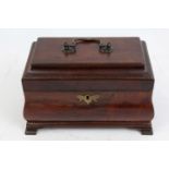 Georgian inlaid mahogany bombe tea caddy with brass swan-neck handle, three internal divisions,