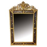 Ornate late 19th century French gilt metal and floral painted black glass panelled wall mirror with