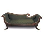 Regency brass inlaid rosewood and mahogany chaise longue with double scroll ends,