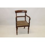 George IV mahogany elbow chair with bar back and overscroll arms,