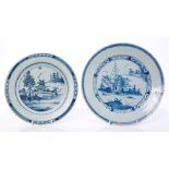 Two mid-18th century English Delft plates painted with chinoiserie landscapes,