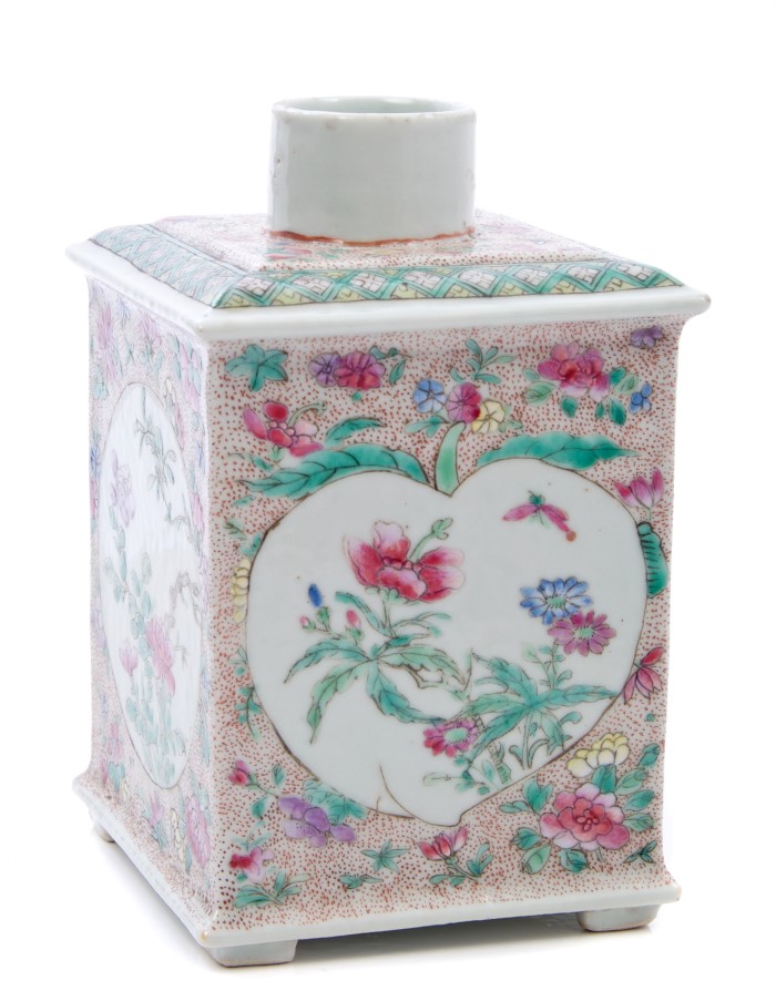 19th century Chinese famille rose porcelain tea caddy of square form,