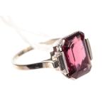 Art Deco pink / red single stone ring, the step cut stone measuring 11.75mm x 7.