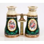 Pair Victorian gilt metal and enamelled opera glasses painted with floral sprays with ivory and