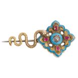 Early Victorian turquoise enamel and gem set brooch in the form of a serpent and a cross,