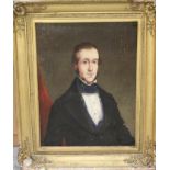 Victorian English School oil on canvas - portrait of a gentleman in black coat, in gilt frame,