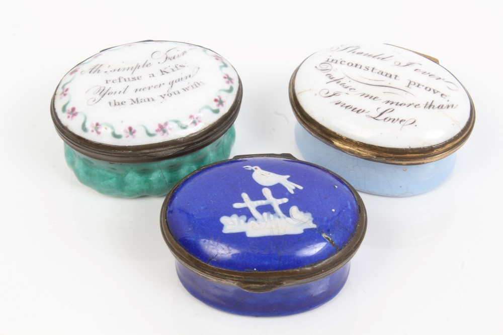 Three late 18th century Staffordshire enamel patch boxes of oval form,