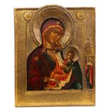 18th / 19th century Russian Icon depicting The Mother and Child and attendant saint within gilt