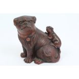 Late 19th century Japanese terracotta figure of a dog with pup wearing a bell collar - impressed